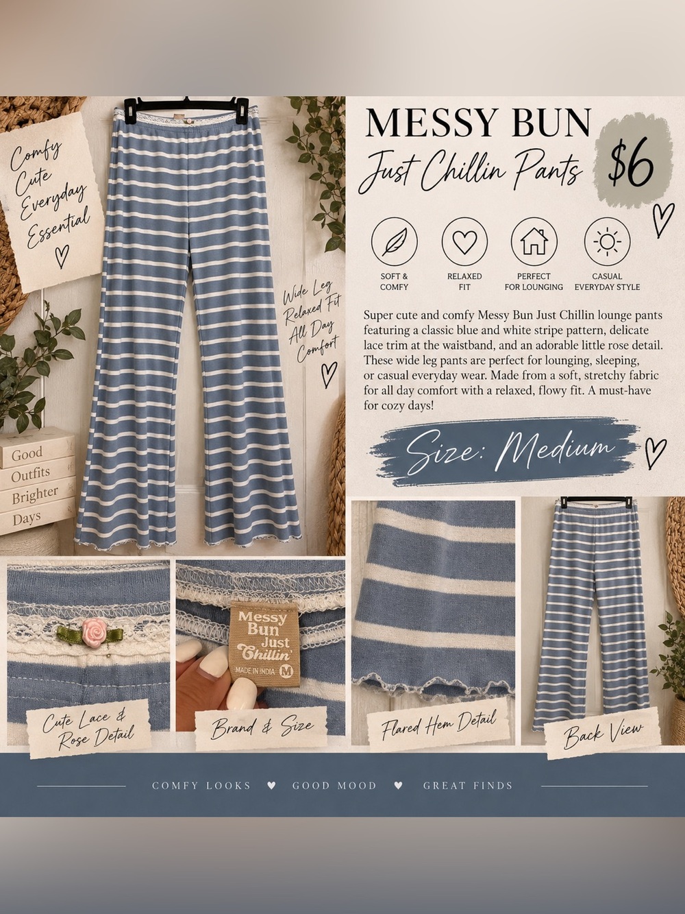 Messy Bun Just Chillin Blue & White Striped Wide-Leg Pajama Pants